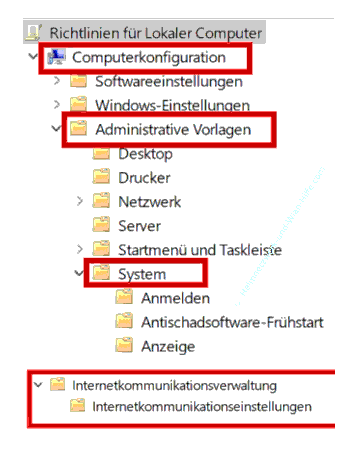 Die Gruppenrichtlinien der Internetkommunikationseinstellungen aufrufen