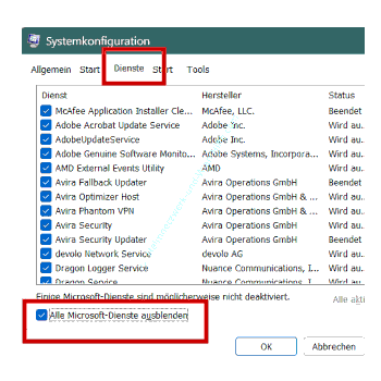 Die Option – Alle Microsoft-Dienste ausblenden – in der Systemkonfiguration
