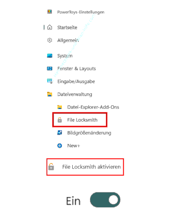 Die Power Toys Funktion File Locksmith aktivieren