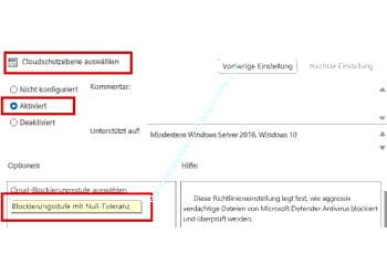 Die Richtlinie Cloudschutzebenen aufheben aktivieren und eine Blockierungsstufe auswählen