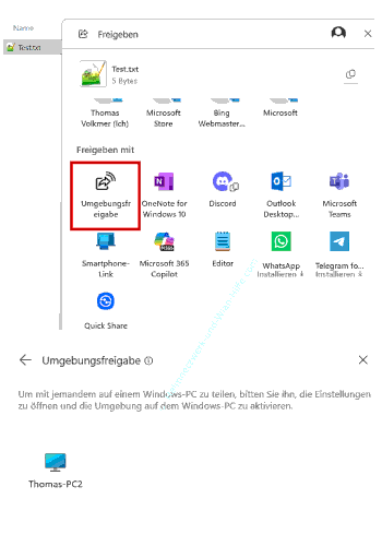 Die Umgebungsfreigabe über den Datei-Kontextmenüeintrag Freigabe verwenden