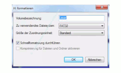 Datenträger von FAT 32 in das NTFS Format formatieren – Dialogfeld für die Auswahl der Formatierung