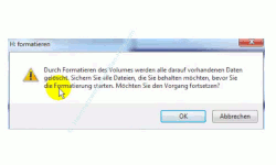 Datenträger von FAT 32 in das NTFS Format formatieren – Warnhinweis über das Löschen vorhandener Daten beim Formatieren