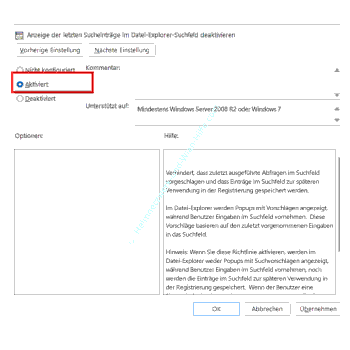 Die Gruppenrichtlinie - Anzeige der letzten Sucheinträge im Datei-Explorer-Suchfeld deaktivieren