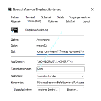 Im Feld Ziel einer Verknüpfung den runas-Befehl einbinden