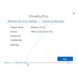 Windows 10 Tutorial: Lizenzschlüssel- und Art – Info-Fenster von ShowKey, das dir die Lizenzart und den Lizenzkey anzeigt