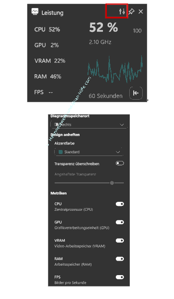 Leistungsparameter festlegen, die im Leistungs-Fenster der Game-Bar angezeigt werden sollen