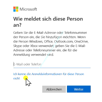 Link Ich kenne die Anmeldeinformationen für diese Person nicht nutzen