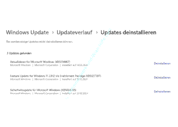 Liste mit Updates die über den Update-Verlauf deinstalliert werden können