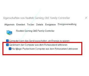 Die Netzwerkkarteneinstellung darauf überprüfen,ob der PC darüber aus dem Ruhezustand über das Magic Packet aufgeweckt werden kann