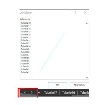 Per Rechtsklick auf die Navigationspfeile alle Excel-Tabellenblätter anzeigen