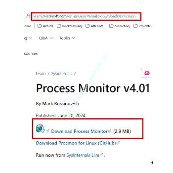 Process Monitor von der Microsoft Sysinternals Webseite downloaden / herunterladen