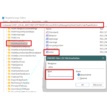 Den Registry-Schlüssel HidePowerButton anpassen, um den Power-Button nicht mehr anzeigen zu lassen