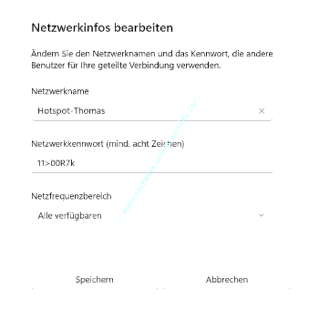 Über die Eigenschaften des mobilen Hotspots Netzwerkname und Passwort vergeben
