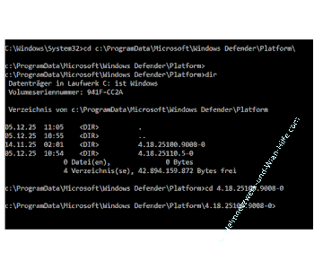 Über die Kommandozeile in den aktuellen Defender-Ordner wechseln und einen Scan aufrufen