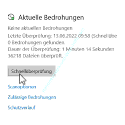 Windows 10 - Defender Tutorial: Bereich Aktuelle Bedrohungen – Button Schnellüberprüfung