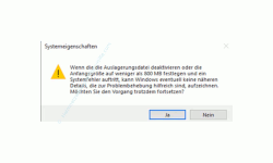 Windows 10 Tutorial - Die Auslagerungsdatei pagefile.sys für ein schnelleres System verschieben! - Warnhinweis, der erscheint, wenn die Option Keine Auslagerungsdatei aktiviert wird 