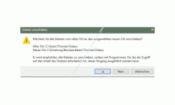 Windows 10 Tutorial - Ordner aus Benutzerverzeichnis verschieben – Warnmeldung, die beim Verschieben eines Benutzerunterverzeichnisses erscheint