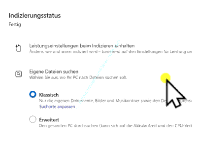 Windows 11 Konfigurationsbereich Indizierungsstatus