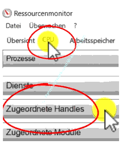 Ressourcenmonitor Windows 11 Register CPU Bereich Zugeordnete Handles