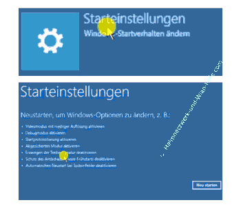 Windows Reparaturoptionen Starteinstellungen für geändertes Startverhalte aufrufen