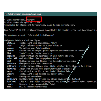 winget in der kommandozeile aufrufen und die befehlsoptionen für winget anzeigen lassen