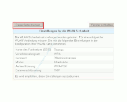 Netzwerk Tutorial: Die WLAN-Konfiguration eines Fritzbox Wlan-Routers ausdrucken! - Fritzbox Konfigurationsmenü - Druckdialog zum Ausdrucken der WLAN-Konfiguration