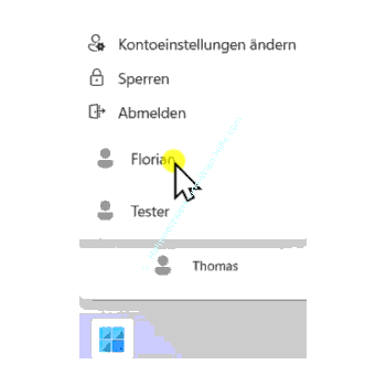 Zum neu erstellten Benutzerkonto über das Startmenü wechseln